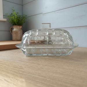 Vintage Clear Pressed Glass Butter Dish with Lid, Crystal Cut Heavy Glass refrigerator Butter Keeper, Rustic Cozy countertop butter storage