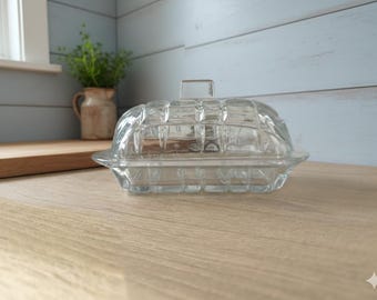 Vintage Klar Pressglas Butterdose mit Deckel, Crystal Cut Schweres Glas Kühlschrank Butter halter, rustikale gemütliche Butter Aufbewahrung der Arbeitsplatte