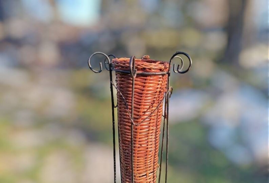 Vintage Floor Rattan and Wrought Iron Vase, Woven Floor Vase, Floor