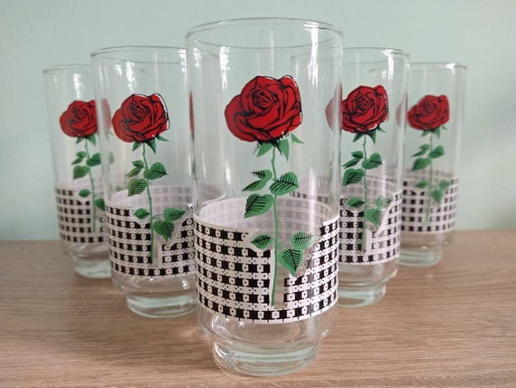 Set of 5 Vintage Glass Cups With Rose Motif Ice Coffee Glass 