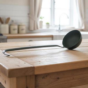 Könnte beinhalten: Eine dunkelgrüne Metallkelle mit langem Stiel liegt auf einem Holztisch. Die Schüssel der Kelle ist rund, und der Griff ist am Ende leicht gebogen. Die Küche umfasst ein Fenster und andere Küchenutensilien.