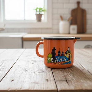 Vintage emaljkanna, orange emaljkanna för vatten, kaffe, te, campingkokare, rustik mjölkvärmare, stor soppmugg