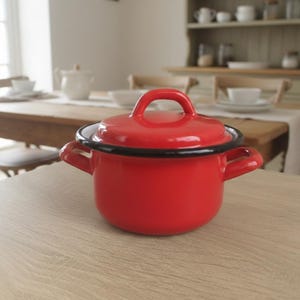 Peut inclure: Une petite casserole en émail rouge avec un couvercle. La casserole a un bord et des poignées noirs. Elle est posée sur une surface en bois clair. L'arrière-plan comprend une table à manger et un buffet.