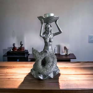 Silver mermaid candleholder, sparkle mermaid statue, tealight holder, Unique candleholder, brocade mermaid ring holder, bookshelf decor,