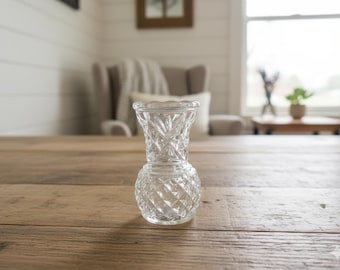 Vintage Pressed Glass Bud Vase, unique Small Clear Glass Flower Vase, cute Retro Decorative Mini Vase for Shelves fireplace mantle decor