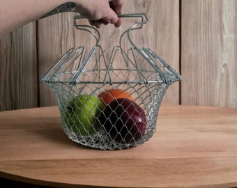 Vintage French wire collapsable basket with handle, produce basket, Chicken egg basket, hanging fruit Basket, apple basket, mini  basket