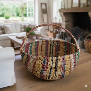 Vintage Multi-Color Woven Farmhouse Basket with Handle, large Boho Picnic Basket,  Rustic Storage Decor for Yarn, eggs Gathering basket