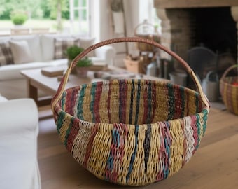Vintage Multi-Color Woven Farmhouse Basket with Handle, large Boho Picnic Basket,  Rustic Storage Decor for Yarn, eggs Gathering basket