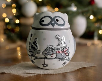 Tarro de galletas navideño de cerámica vintage con tapa en forma de búho, blanco y gris, bote de búho, tarro de dulces, tarro de galletas antiguo, tarro de galletas raro, bote de azúcar