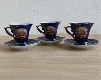 Vintage set of 3 fine bone China coffee cups with saucers, Cobalt Blue with Gold Trim spring tea cups with handles, summer espresso cup set