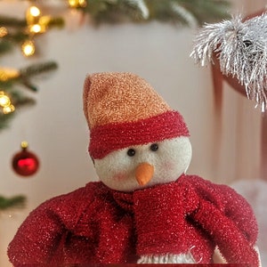 Vintage sitting plush snowman, Snowman colorful ornament, Winter porch decor, hanging Christmas farmhouse decor, cute sparkle snowman sitter