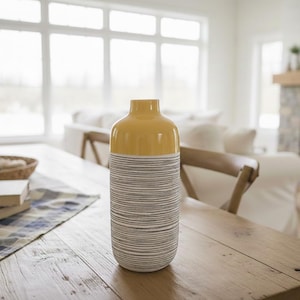Vaso colorato in ceramica vintage, alto vaso cilindrico a strisce gialle, bianche e nere, grande vaso in ceramica funky, vaso per fiori Art Déco minimalista unico