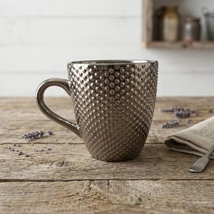 May include: A metallic silver-toned ceramic mug featuring a textured exterior with a repeating pattern of small, raised dots. The mug has a curved handle on the left side and a smooth, reflective finish that catches the light across its surface.