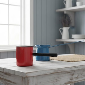 Puede incluir: Dos cafeteras de esmalte, una roja y otra azul, con asas negras, descansan sobre una mesa de madera blanca envejecida. La cafetera roja está a la izquierda y la azul a la derecha. Un salvamanteles tejido está entre las ollas. El fondo incluye una ventana y estantes.