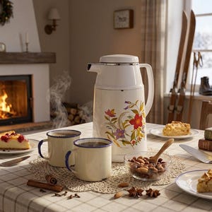 Vintage cream-colored thermos jug with a vibrant retro floral print featuring a red flower, purple blossoms, and wheat. The insulated carafe has a white plastic handle, lid, and pouring spout, accented by a shiny chrome metal trim. Inside, a reflective silver glass vacuum flask is visible. The white plastic screw-top lid has a small cream push button on top. The base is white with a large black plastic central screw underneath holding the flask secure