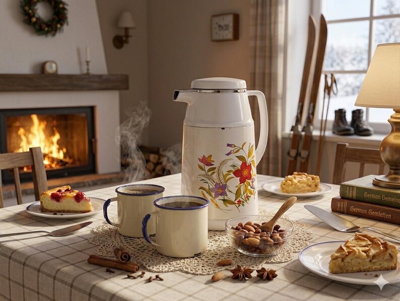 Vintage cream-colored thermos jug with a vibrant retro floral print featuring a red flower, purple blossoms, and wheat. The insulated carafe has a white plastic handle, lid, and pouring spout, accented by a shiny chrome metal trim. Inside, a reflective silver glass vacuum flask is visible. The white plastic screw-top lid has a small cream push button on top. The base is white with a large black plastic central screw underneath holding the flask secure