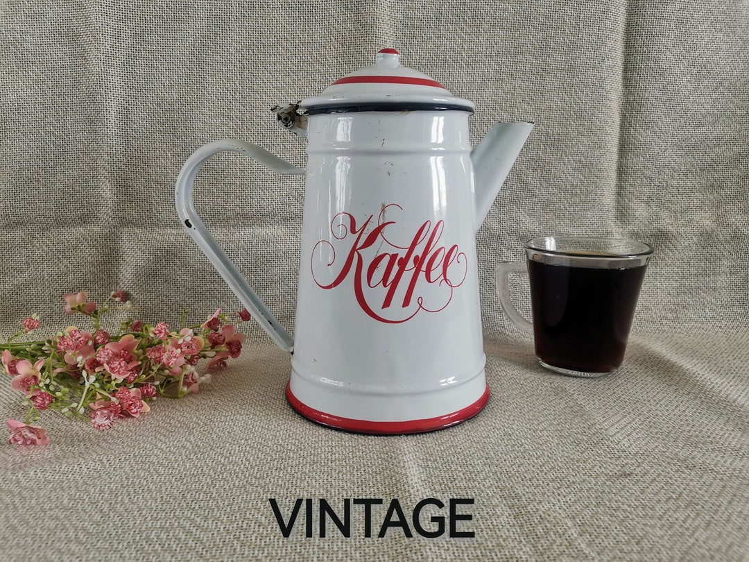 Large Enamel Teapot, Tall White and Red Tea Kettle, Stovetop Kettle