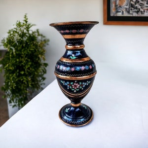 Vintage colorful pure copper small vase with flower motif,hammered copper vase, Hand etched vase, copper pot, Hand painted copper blue vase
