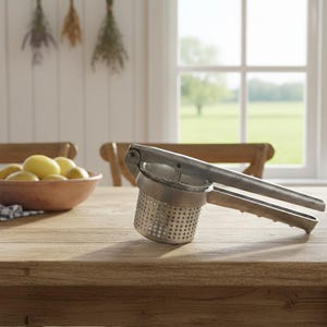 May include: A stainless steel potato ricer sits on a wooden table, beside a bowl of yellow potatoes. The kitchen scene includes a window with a view of a green field and hanging dried herbs.
