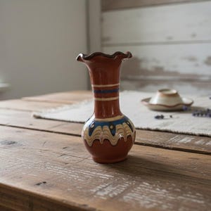 Op de afbeelding: Een kleine, handgemaakte keramische vaas met een gerimpelde rand. De vaas is voornamelijk roodbruin met blauwe en crèmekleurige decoratieve banden. Hij staat op een rustieke houten tafel, wat duidt op een vintage of boerderij esthetiek.