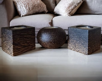 Set med 3 vintage ljusstakar i trä, handgjord ljusstake, trädljusstake, träljusstake, ljusstakeset, kubljusstake