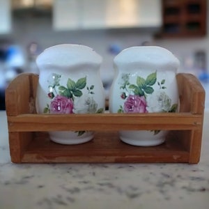Vintage Porcelain Salt and Pepper Shakers with Pink Roses in Pine Stand