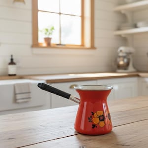 Peut inclure: Une cafetière turque en émail rouge avec une poignée noire et un motif floral. La cafetière est posée sur une table en bois dans une cuisine. La cafetière mesure environ 15 cm de haut.