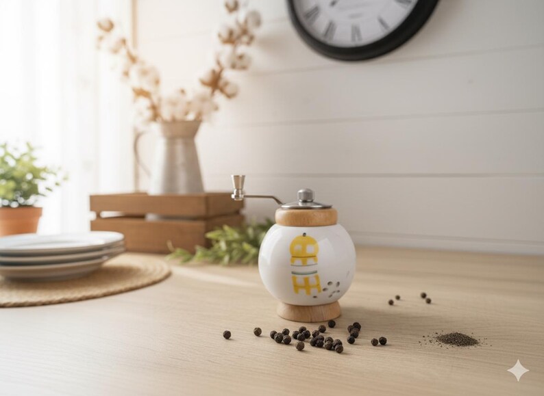 A small, round vintage-style pepper mill with a white porcelain body and a light wooden top. The mill features a subtle yellow geometric graphic on its side and has an exposed metal grinding mechanism at the top. The image is a close-up, showcasing the mill's design and internal structure, resting on a rustic farmhouse wooden table.