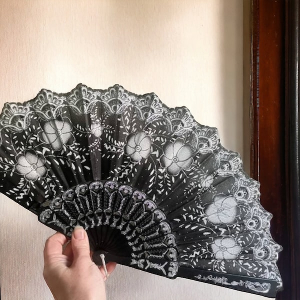 Vintage Black and White fabric fan with brocade, Luxury Hand fan, collapsable fan, large folding fan, folding Hand fan, shiny Hand fan