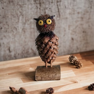 Vintage Handmade owl figure, owl gift figurine, Handmade owl, cute owl figurine, male teacher gift, Wood Pine Cones Dried Plants Owl Figure,