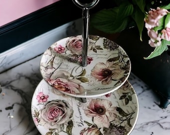 Plateau en porcelaine à deux niveaux avec poignée, plateau blanc avec fleurs roses, présentoir à gâteaux, présentoir pour aliments, plateau rond à plusieurs niveaux de ferme