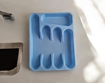 Vintage utensil organizer, plastic blue cutlery tray, kitchen cabinet organizer, flatware drawer tray, kitchen utensil divider