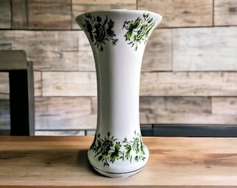 Vintage Hollohaza tall white vase with green flowers, tall thin vase, Wide mouth vase, tall floor vase, bright colored vase, tall white vase