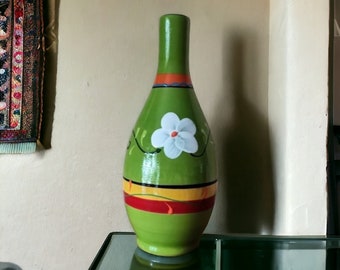Vintage grüne handbemalte Keramikvase mit Blumenmotiv, Gießkanne, Keramikknospenvase, Frühstückstisch, getrocknete Blumenvase, Ikebana-Vase