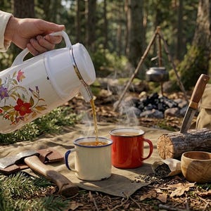 Vintage cream-colored thermos jug with a vibrant retro floral print featuring a red flower, purple blossoms, and wheat. The insulated carafe has a white plastic handle, lid, and pouring spout, accented by a shiny chrome metal trim. Inside, a reflective silver glass vacuum flask is visible. The white plastic screw-top lid has a small cream push button on top. The base is white with a large black plastic central screw underneath holding the flask secure