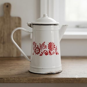 Vintage Enamel teapot Red Floral White Kettle, Large Enamelware Tea Pitcher, Rustic Kitchen Utensil Holder Vase, milk warmer big Coffee pot