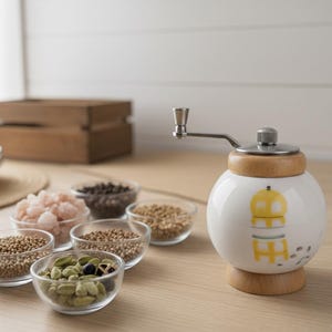 A small, round vintage-style pepper mill with a white porcelain body and a light wooden top. The mill features a subtle yellow geometric graphic on its side and has an exposed metal grinding mechanism at the top. The image is a close-up, showcasing the mill's design and internal structure, resting on a rustic farmhouse wooden table.