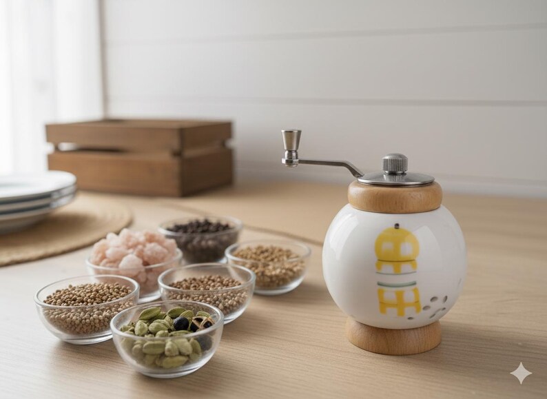 A small, round vintage-style pepper mill with a white porcelain body and a light wooden top. The mill features a subtle yellow geometric graphic on its side and has an exposed metal grinding mechanism at the top. The image is a close-up, showcasing the mill's design and internal structure, resting on a rustic farmhouse wooden table.