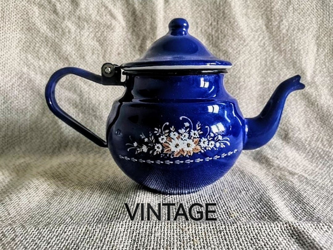 Blue Enamel Teapot With White Flowers Tea Kettle Small Etsy