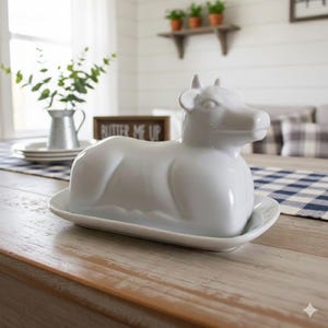 Vintage porcelain cow butter dish, white covered butter dish, lidded butter dish, butter keeper, large Ceramic butter dish, cow table decor