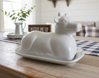 Vintage porcelain cow butter dish, white covered butter dish, lidded butter dish, butter keeper, large Ceramic butter dish, cow table decor