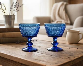 Vintage Cobalt Blue Pressed Glass Coupe Goblets Set of 2, Royal Lace Sherbet Dessert Dishes, Antique Footed Glasses for Cocktails & Parfaits