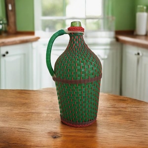 Vintage wicker demijohn, green hand woven wine bottle, french rustic wine demijohn, large liquid jug, old empty wine bottle, wine carrier
