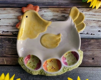 Vintage Ceramic handpainted egg holder, egg colorful Chicken tray, deviled egg holder, egg crate, egg separator, egg holder, Ceramic Chicken