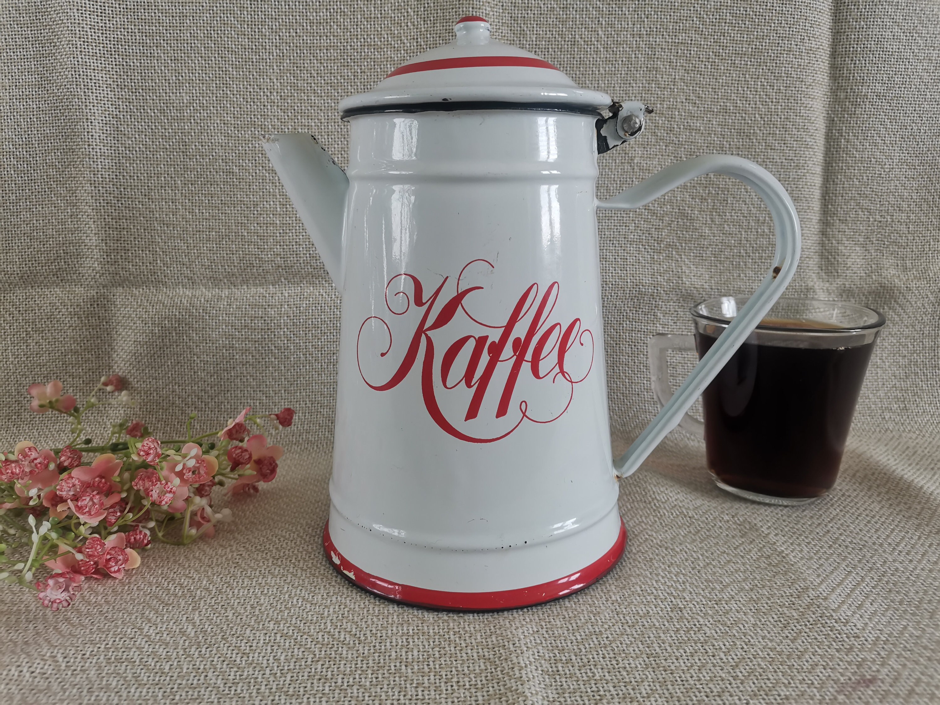 Large Enamel Teapot, Tall White and Red Tea Kettle, Stovetop Kettle