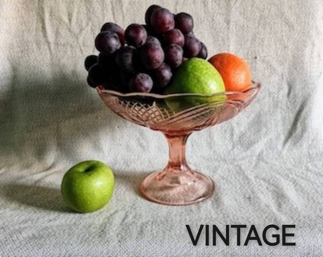 Pink Glass Fruit Bowl, Depressionware Glass, Pedestal Dessert Stand