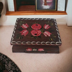 Vintage Hand-Painted Wooden Box: Small Floral Toleware Ring Box