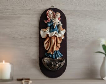 Pila de agua bendita vintage para pared, placa católica de la Virgen María y el Niño Jesús, pila religiosa de resina de estilo renacentista para decoración de entrada