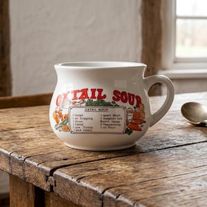 Vintage Ceramic Oxtail Recipe Mug, White Porcelain Retro Soup Bowl with Handle, Rustic Stew Mug, Collectible Pot Cauldron individual serving