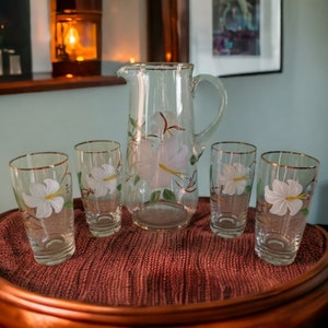 Vintage handgeschilderde glazen kan met 4 glazen, sangriakan, karafset, bistroset, sake-set, beschilderde wijnglazen, ontbijtbar